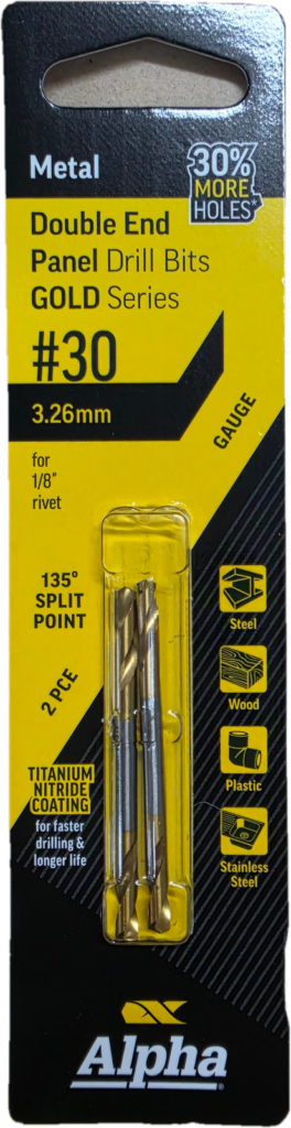 No.30 Gauge (3.26mm) Double Ended Panel Drill Bit Carded 2pk - Gold Series