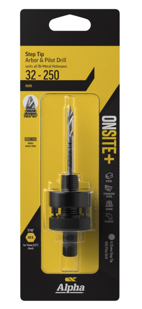 32-250mm | Onsite Plus Large Arbor to suit Holesaws | Step Tip Pilot Drill