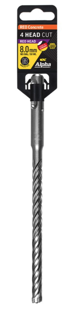 8.0 x 165mm Reo Head SDS Plus 4 Cutter Masonry Drill