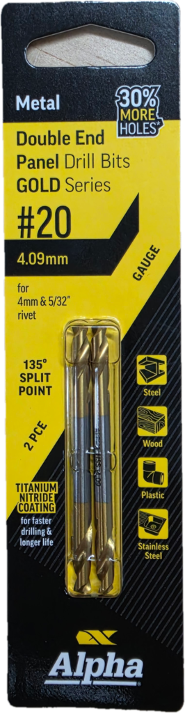 No.20 Gauge (4.09mm) Double Ended Panel Drill Bit Carded 2pk - Gold Series