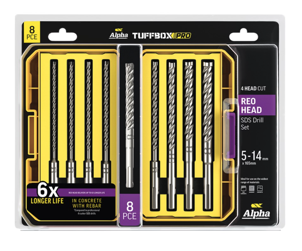 8 Piece | Alpha Reo Head SDS 4 Head Cut Tuffbox Pro Drill Set
